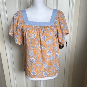 Nautica Blue and Orange Puff Sleeve Smocked Blouse